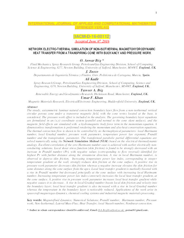 Network electro-thermal simulation of non-isothermal magnetohydrodynamic heat transfer from a transpiring cone with buoyancy and pressure work Thumbnail