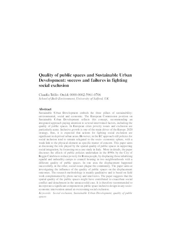 Quality of public spaces and sustainable urban development : success and failures in fighting social exclusion Thumbnail
