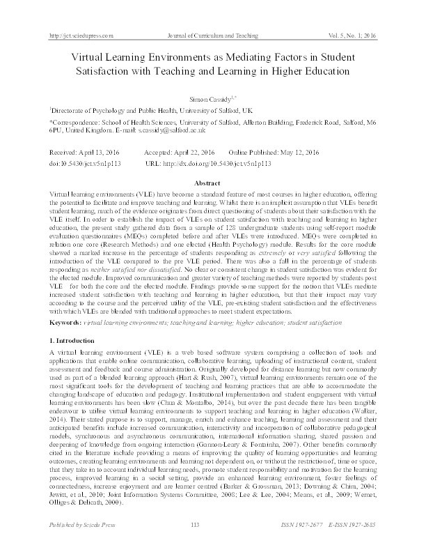 Virtual Learning Environments as mediating factors in student satisfaction with teaching and learning in Higher Education Thumbnail