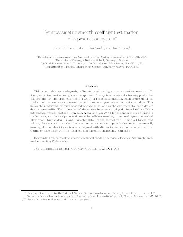 Semiparametric smooth coefficient estimation of a production system Thumbnail