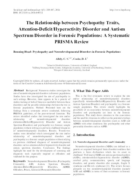 The relationship between psychopathy traits and neurodevelopmental disorders in forensic populations : a systematic PRISMA review Thumbnail