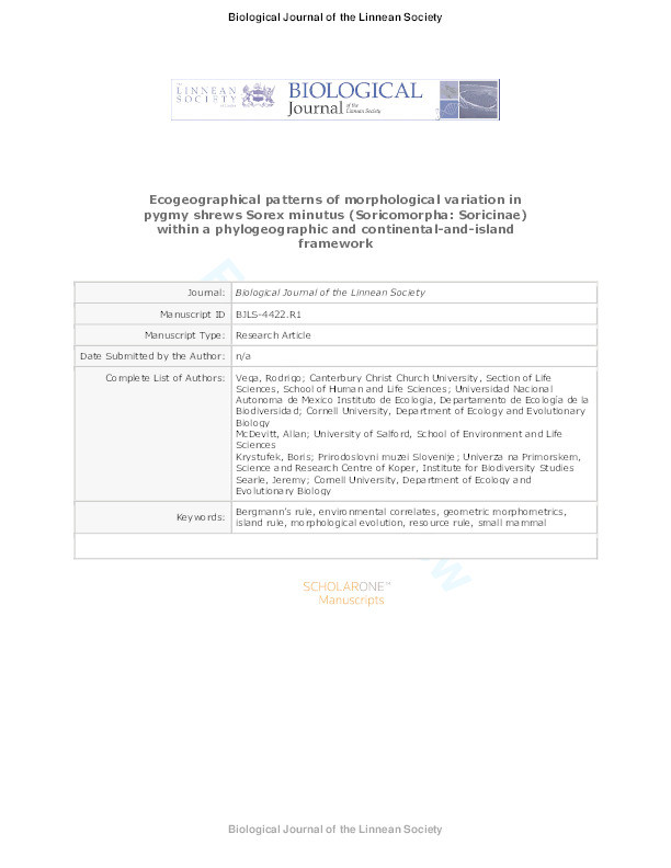 Ecogeographical patterns of morphological variation in
pygmy shrews Sorex minutus (Soricomorpha: Soricinae)
within a phylogeographic and continental-and-island
framework Thumbnail