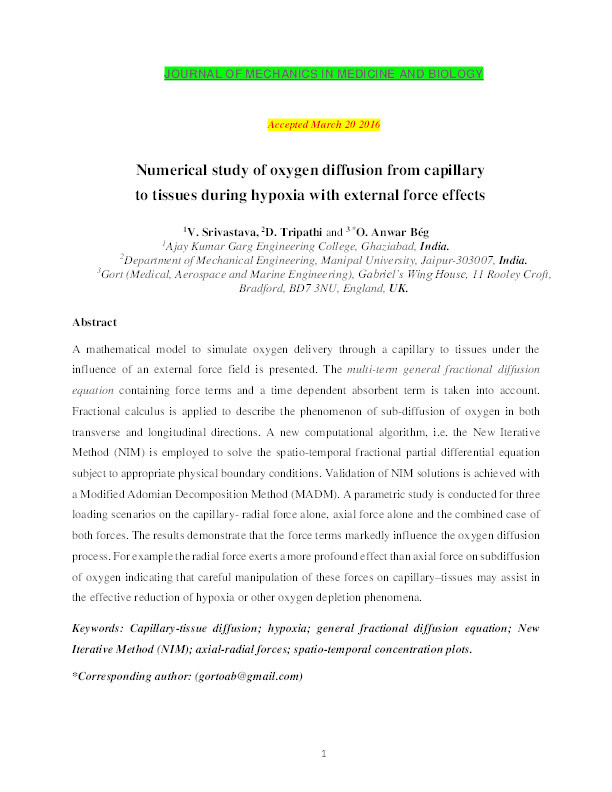 Numerical study of oxygen diffusion from capillary
to tissues during hypoxia with external force effects Thumbnail