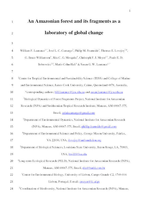 An Amazonian forest and its fragments as a laboratory of global change Thumbnail