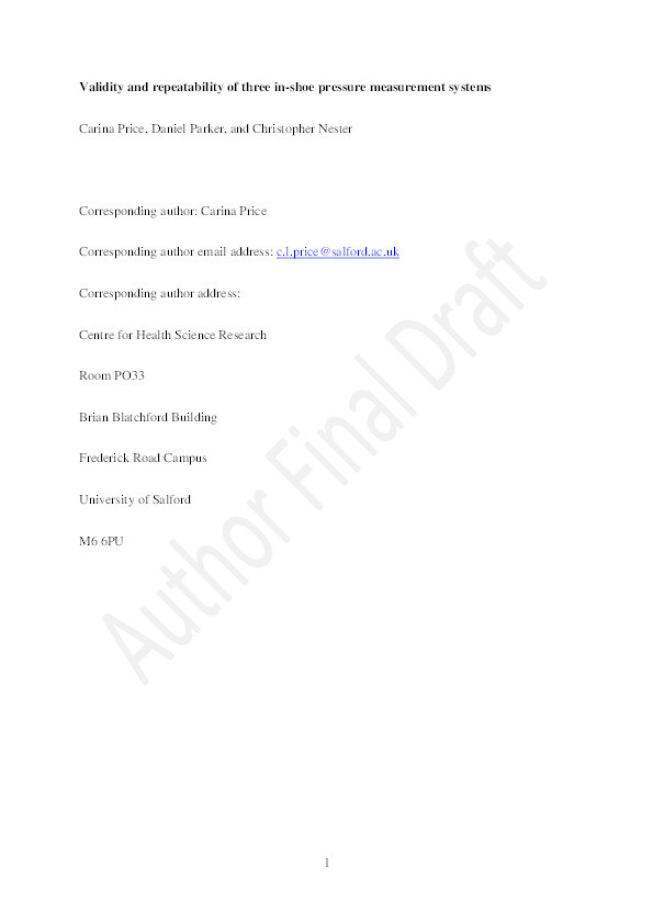 Validity and repeatability of three in-shoe pressure measurement systems Thumbnail