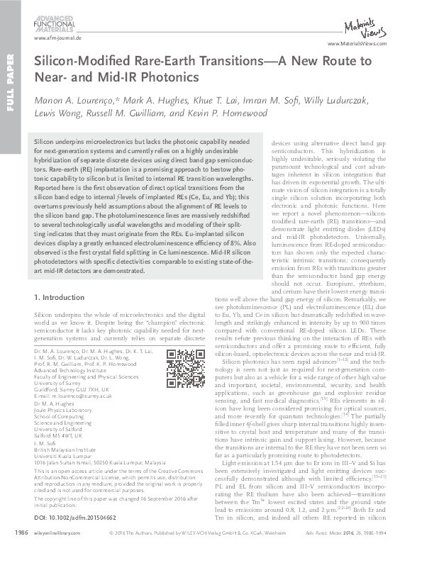 Silicon-Modified rare-earth transitions - a new route to Near- and Mid-IR Photonics Thumbnail