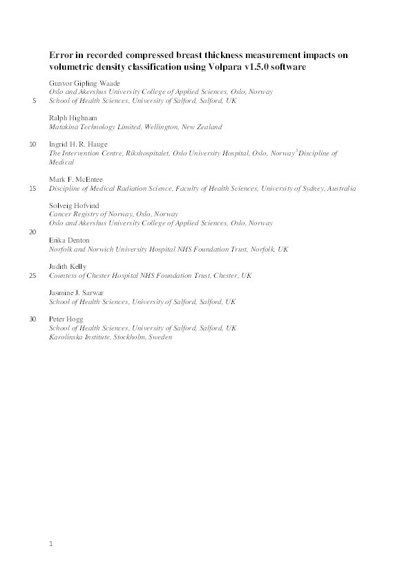 Impact of errors in recorded compressed breast thickness measurements on volumetric density classification using volpara v1.5.0 software Thumbnail