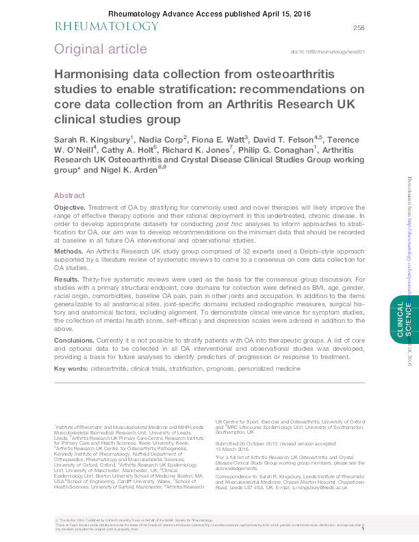 Harmonising data collection from osteoarthritis studies to enable stratification : recommendations on core data collection from an Arthritis Research UK clinical studies group Thumbnail