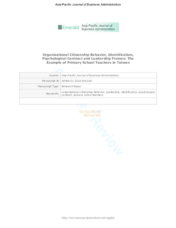 Organizational citizenship behavior, identification, psychological contract and leadership frames : the example of primary school teachers in Taiwan Thumbnail