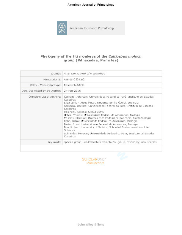 Phylogeny of the titi monkeys of the Callicebus moloch group (Pitheciidae, Primates) Thumbnail