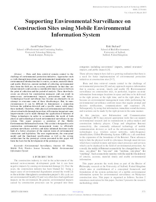 Supporting environmental surveillance on 
construction sites using mobile environmental information system Thumbnail