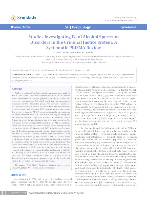 Studies investigating fetal alcohol spectrum disorders in the criminal justice system : a systematic PRISMA review Thumbnail