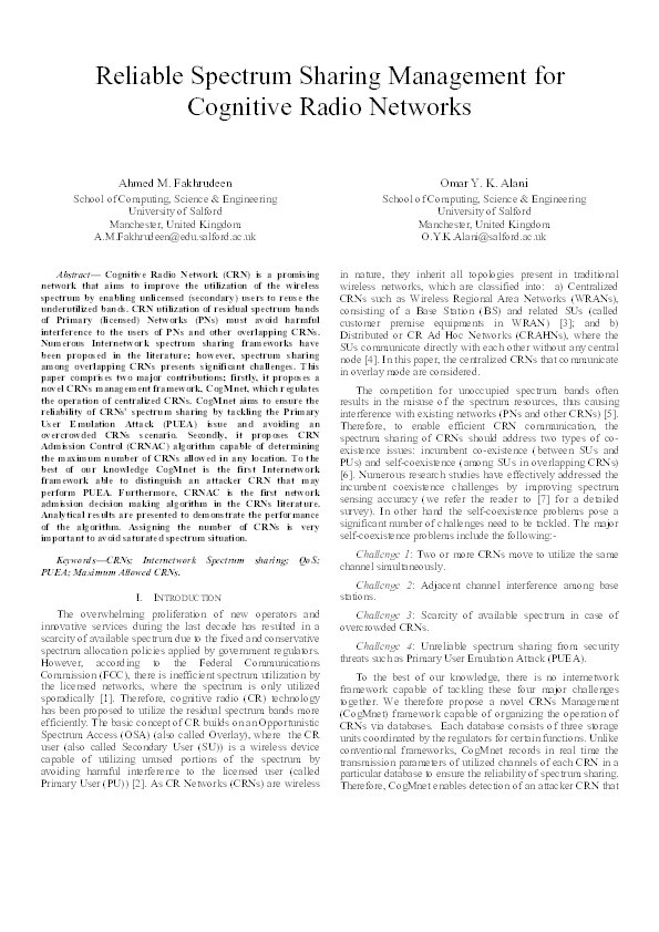 Reliable spectrum sharing management for cognitive radio networks Thumbnail