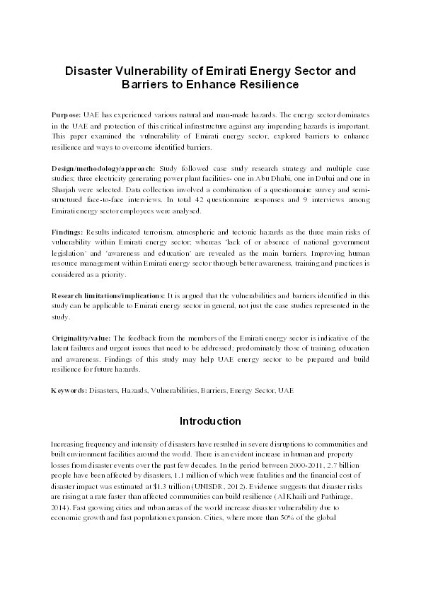 Disaster vulnerability of Emirati energy sector and barriers to enhance resilience Thumbnail