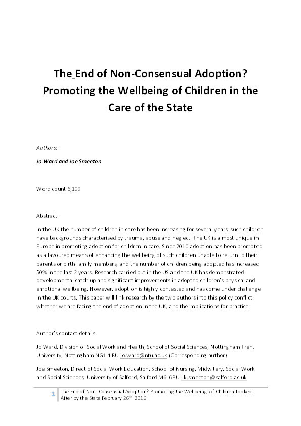 The end of non-consensual adoption? Promoting
the wellbeing of children in care Thumbnail