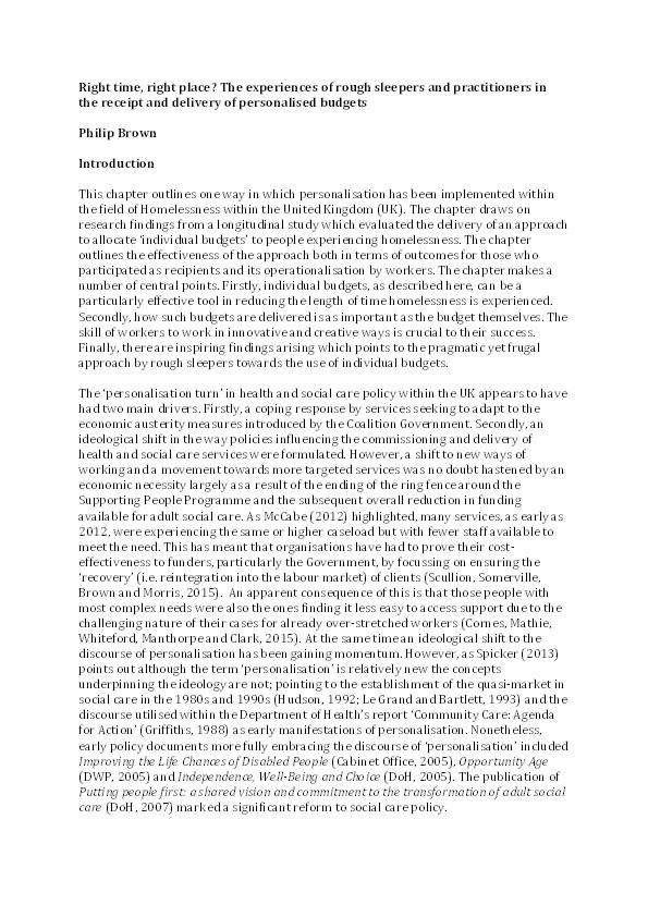 Right time, right place? The experiences of rough sleepers and practitioners in the receipt and delivery of personalised budgets Thumbnail