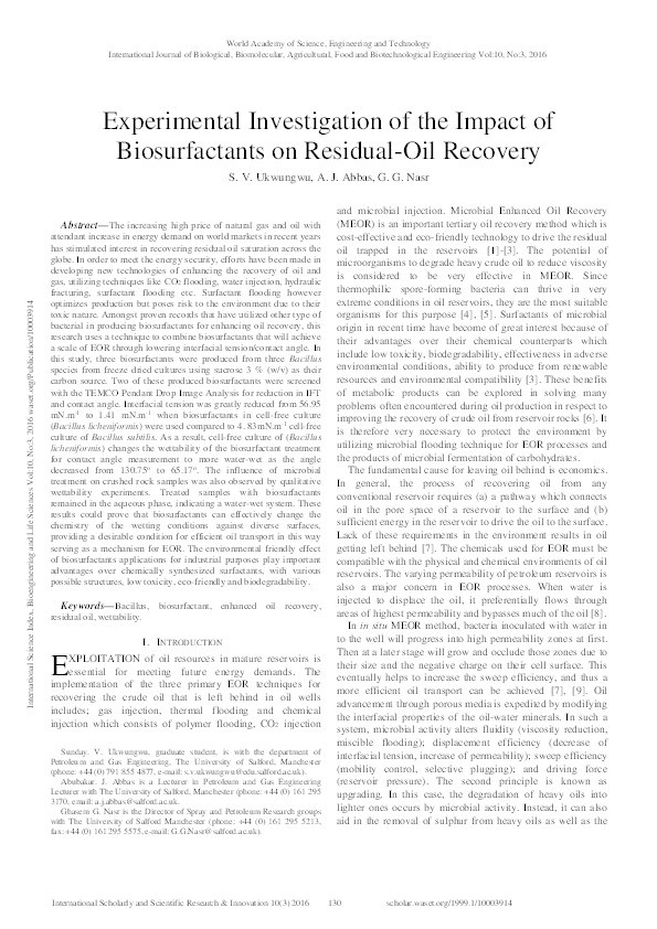 Experimental investigation of the impact of biosurfactants on residual-oil recovery Thumbnail