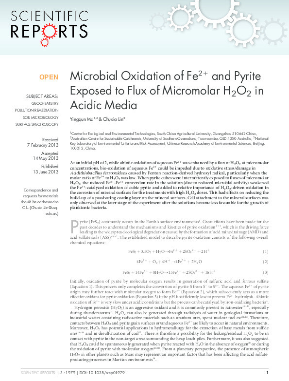 Microbial oxidation of Fe21 and pyrite exposed to flux of micromolar H2O2 in acidic media Thumbnail