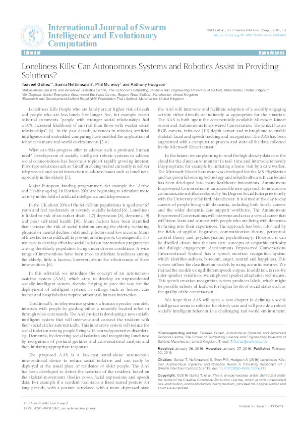 Loneliness kills : can autonomous systems and robotics assist in providing solutions? Thumbnail