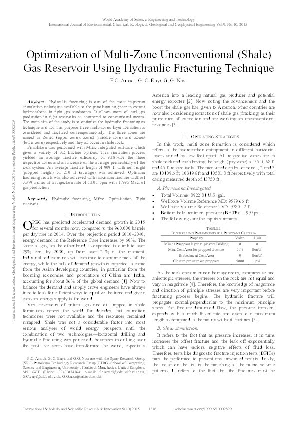 Optimization of multi-zone unconventional (shale) gas reservoir using hydraulic fracturing technique Thumbnail
