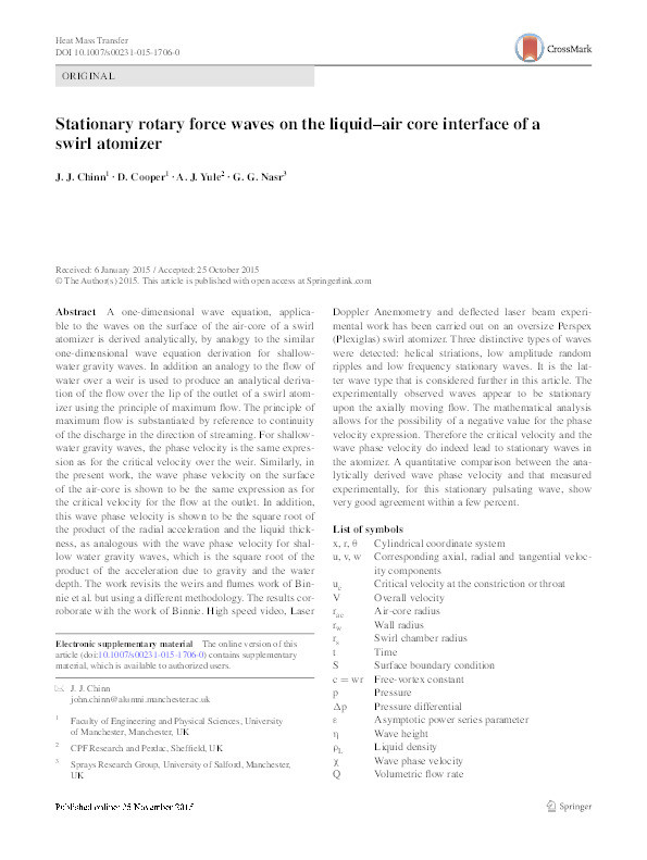 Stationary rotary force waves on the liquid–air core interface of a swirl atomizer Thumbnail