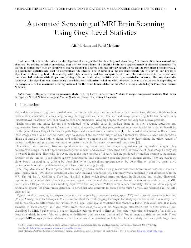Automated screening of MRI brain scanning using grey level statistics Thumbnail