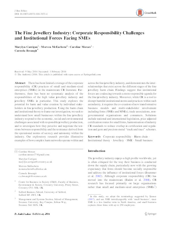 The fine jewellery industry : corporate responsibility challenges and institutional forces facing SMEs Thumbnail