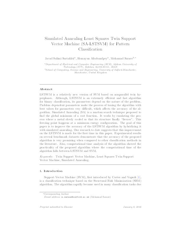 Simulated annealing least squares twin support vector machine (SA-LSTSVM) for pattern classification Thumbnail