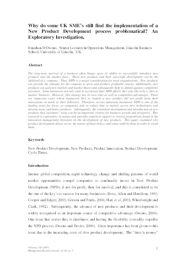 Why do some UK SME’s still find the implementation of a New Product Development process problematical? An exploratory investigation Thumbnail