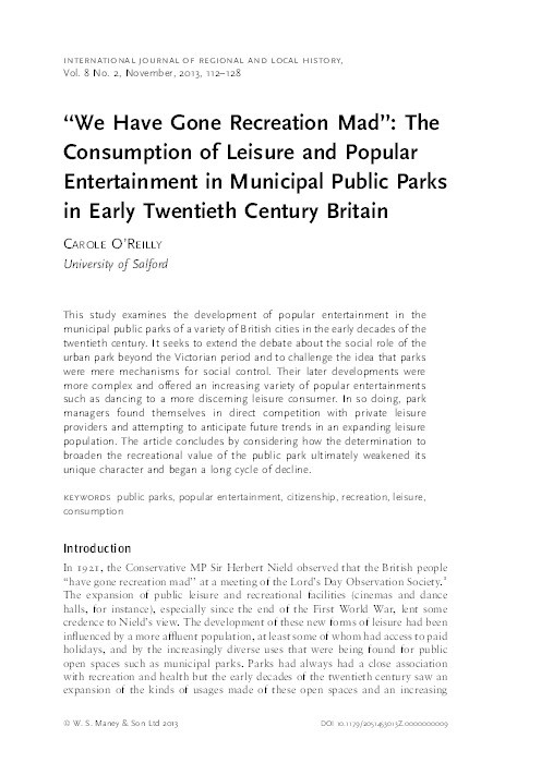 “We have gone recreation mad” : the consumption of leisure and popular entertainment in municipal public parks in early Twentieth Century Britain Thumbnail