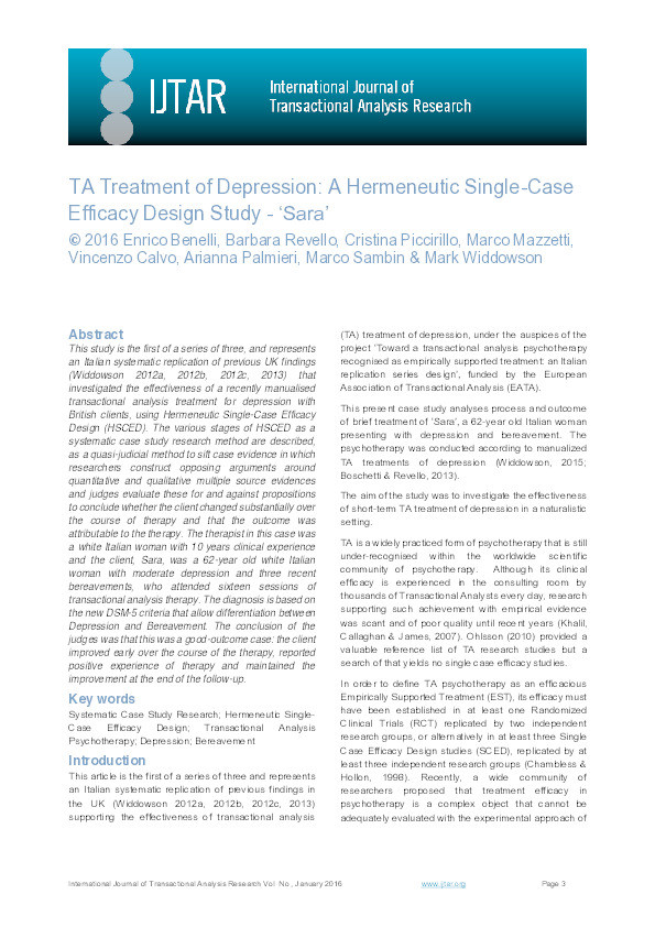 TA treatment of depression : a hermeneutic single-case efficacy design study - 'Sara' Thumbnail