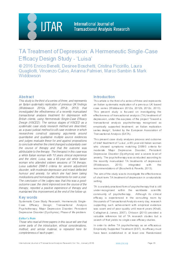 TA treatment of depression : a hermeneutic single-case efficacy design study - 'Luisa' Thumbnail