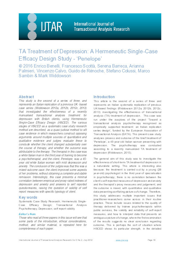 TA treatment of depression: a hermeneutic single-case efficacy design study- 'Penelope' Thumbnail