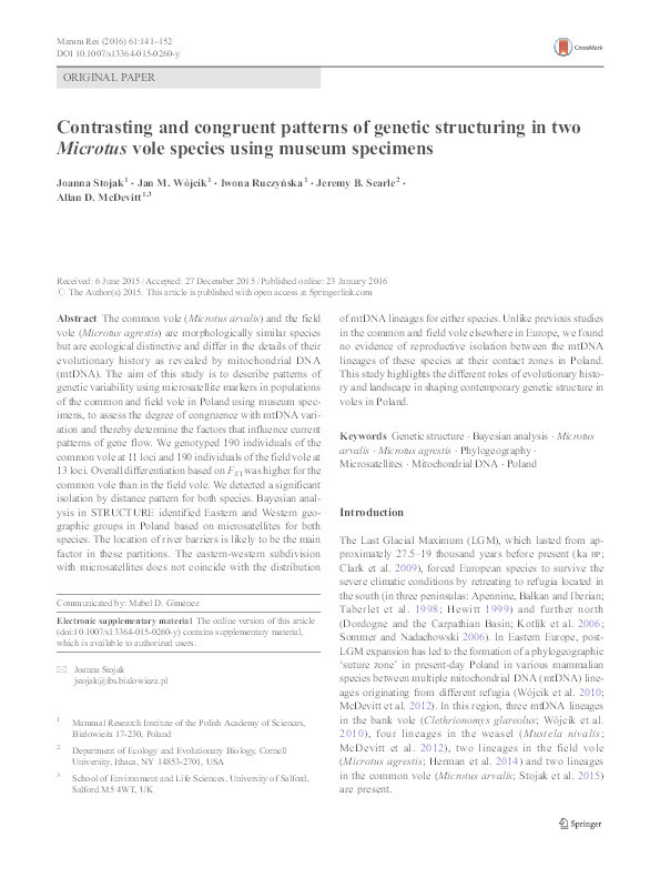Contrasting and congruent patterns of genetic structuring in two Microtus vole species using museum specimens Thumbnail