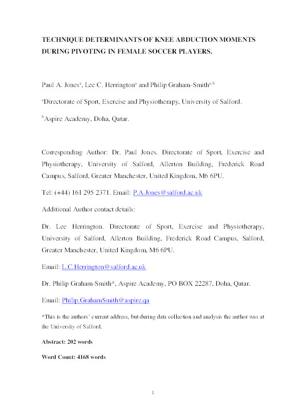 Technique determinants of knee joint loads during pivoting in female soccer players Thumbnail