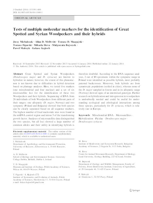 Tests of multiple molecular markers for the identification of Great Spotted and Syrian Woodpeckers and their hybrids Thumbnail