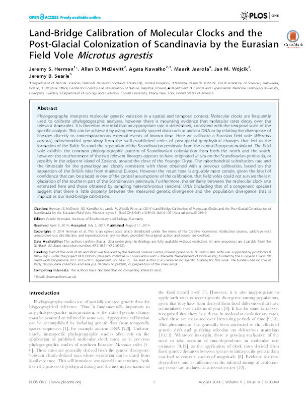 Land-bridge calibration of molecular clocks and the post-glacial colonization of Scandinavia by the Eurasian field vole microtus agrestis Thumbnail