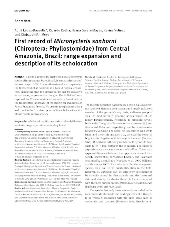 First record of Micronycteris sanborni (Chiroptera: Phyllostomidae) from Central Amazonia, Brazil: range expansion and description of its echolocation Thumbnail