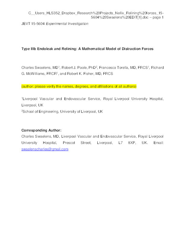 Type IIIb endoleak and relining : a mathematical model of distraction forces Thumbnail