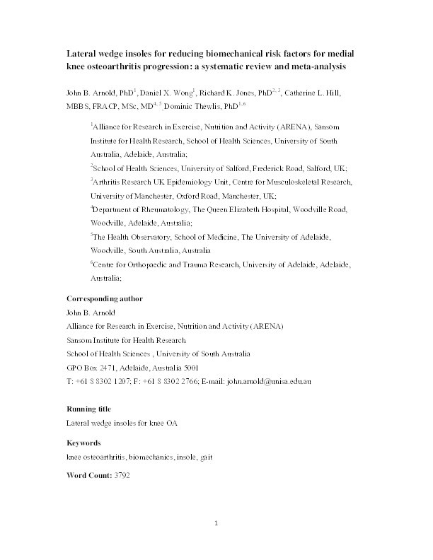 Lateral wedge insoles for reducing biomechanical risk factors for medial knee osteoarthritis progression : a systematic review and meta-analysis Thumbnail