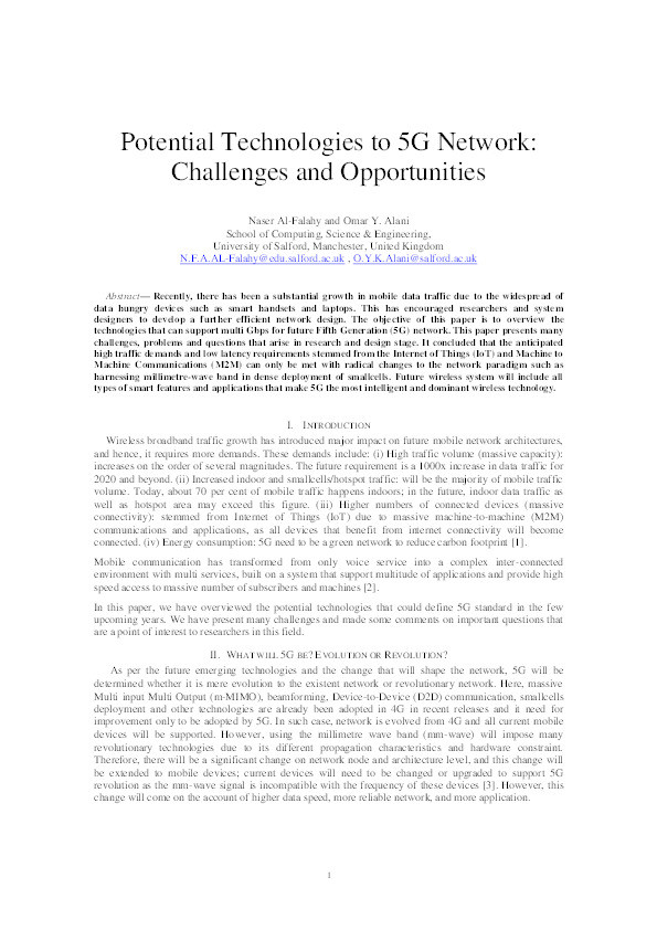 Potential technologies to 5G network : challenges and opportunities Thumbnail