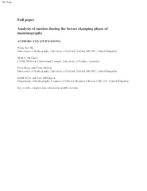 Analysis of motion during the breast clamping phase of mammography Thumbnail