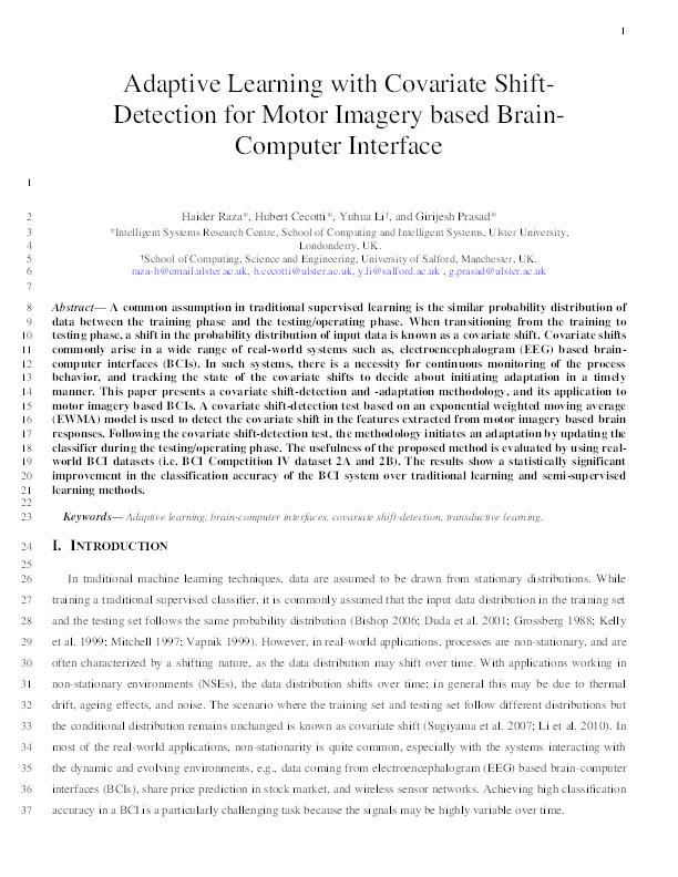 Adaptive learning with covariate shift-detection for motor imagery-based brain–computer interface Thumbnail