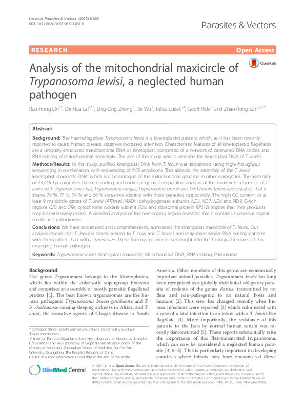 Analysis of the mitochondrial maxicircle of Trypanosoma lewisi, a neglected human pathogen Thumbnail
