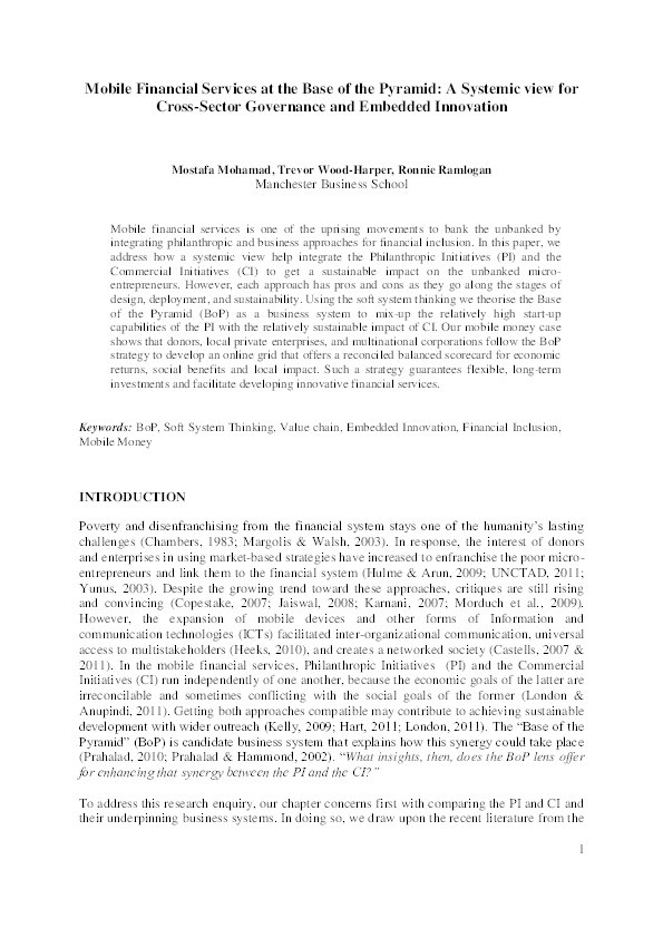Mobile financial services at the base of the pyramid : 
a systemic view for cross-sector governance and embedded innovation Thumbnail