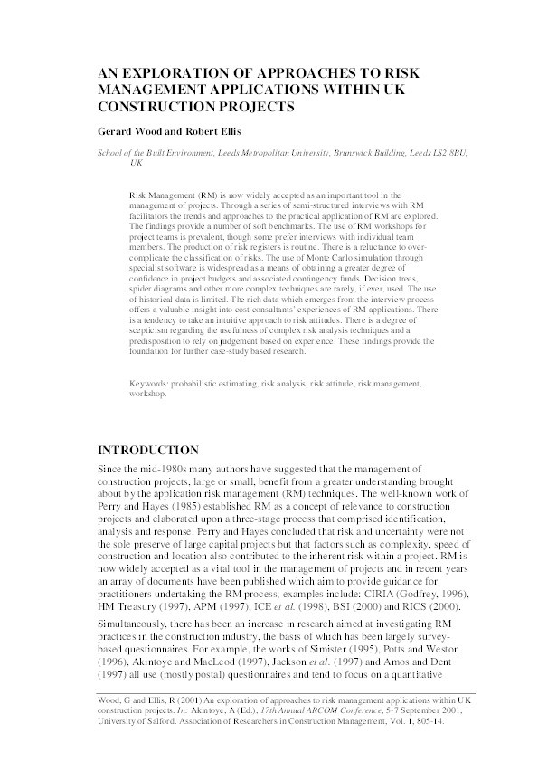 An exploration of approaches to risk management applications within UK construction projects Thumbnail