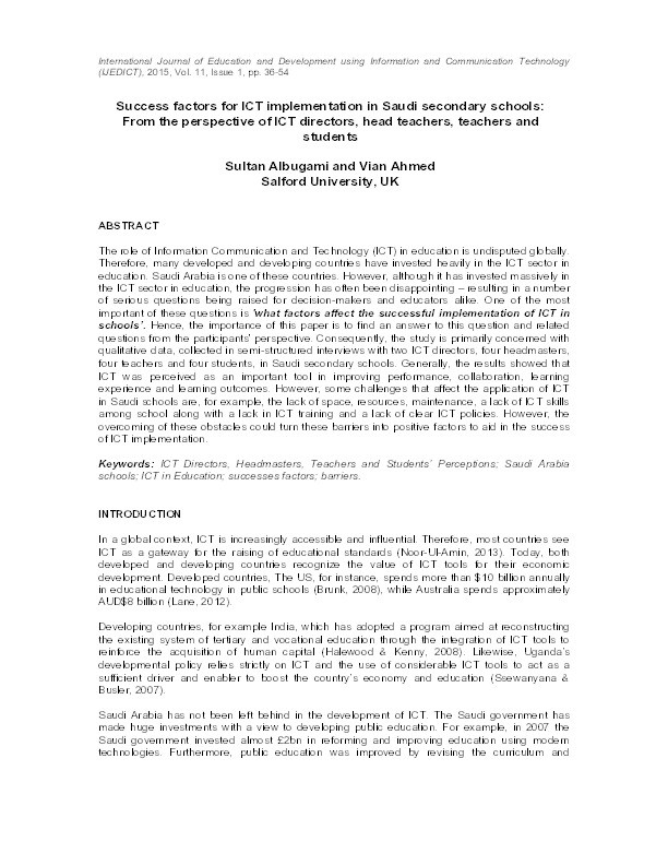 Success factors for ICT implementation in Saudi secondary schools : from the perspective of ICT directors, head teachers, teachers and students Thumbnail