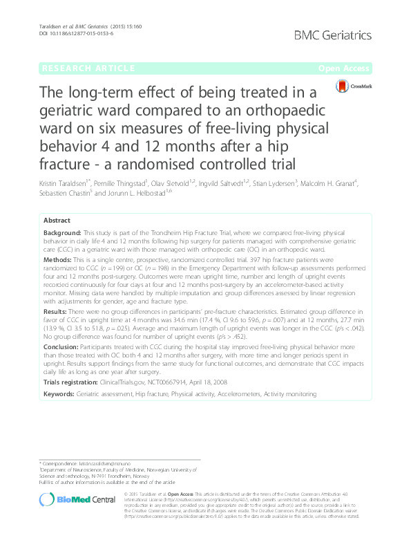 The long-term effect of being treated in a geriatric ward compared to an orthopaedic ward on six measures of free-living physical behavior 4 and 12 months after a hip fracture - a randomised controlled trial Thumbnail