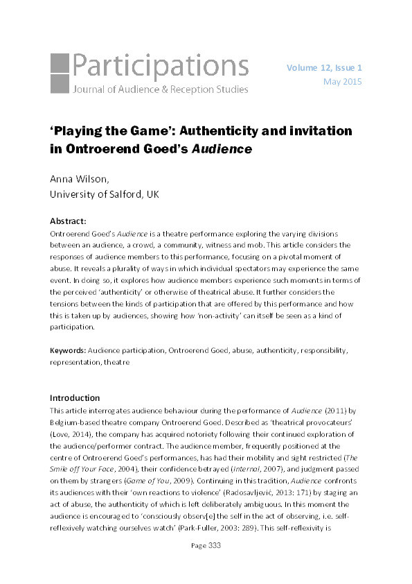‘Playing the game’: authenticity and invitation in Ontroerend Goed’s Audience Thumbnail