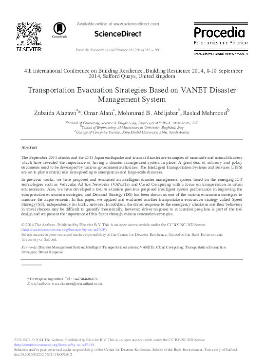 Transportation evacuation strategies based on VANET disaster management system Thumbnail